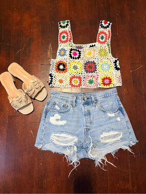 Multicolor Crochet Floral Square Crop Top